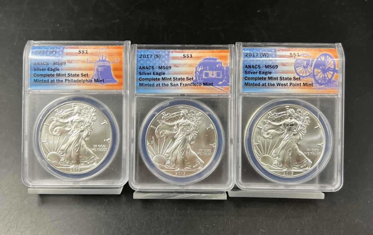 3 Coin 2017 W S P ASE Mint Mark Set 1 oz American Silver Eagle Coins ANACS MS69