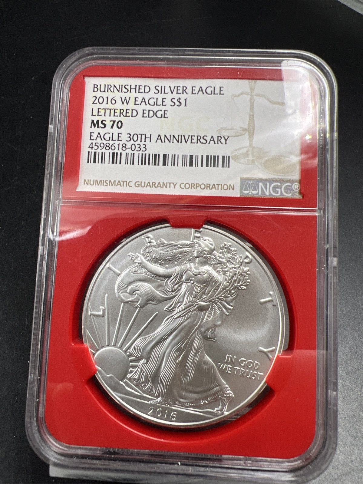 2016 W 1 Oz American Silver Eagle Coin Burnished Lettered Edge MS70 NGC #033