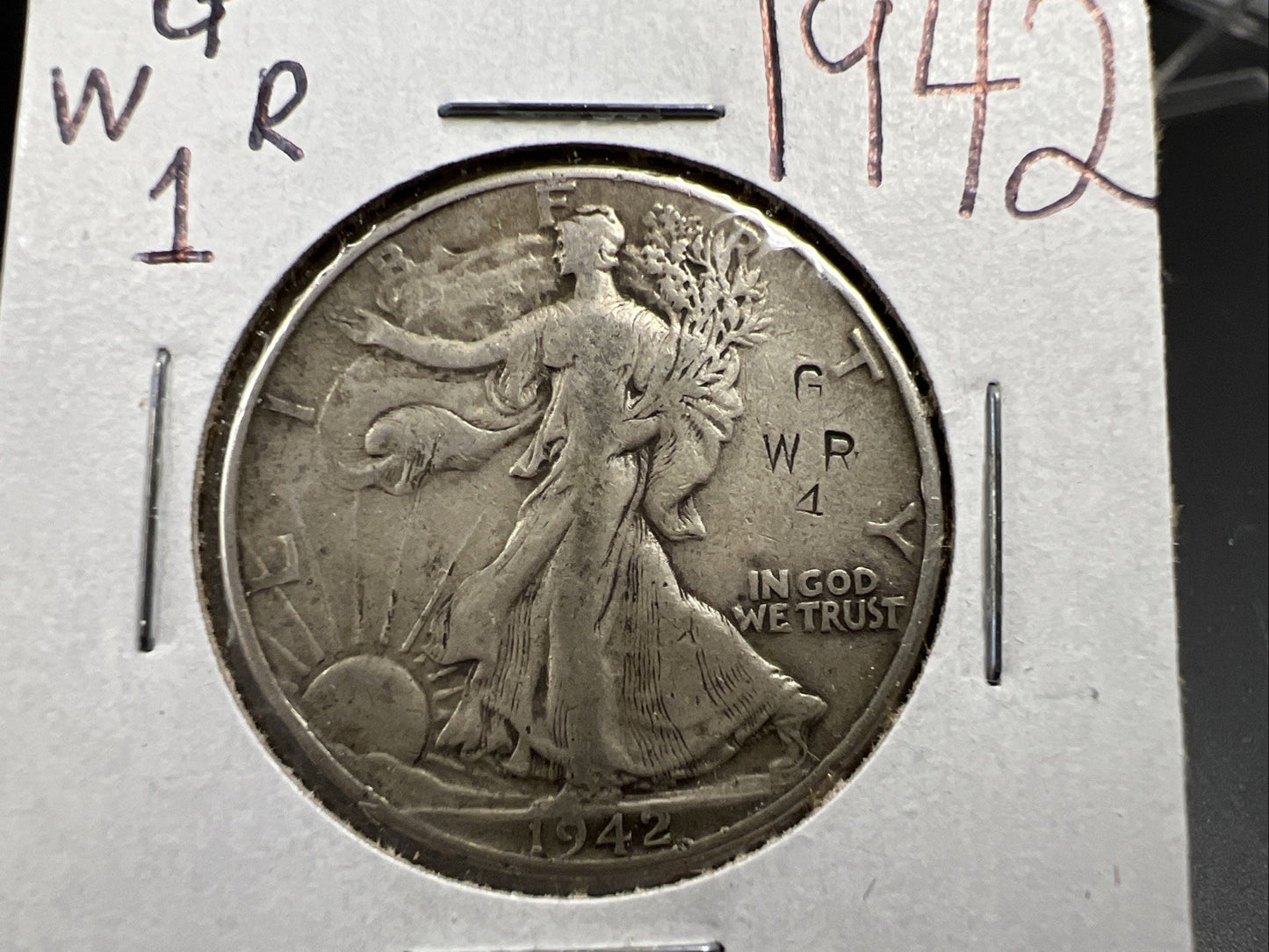 1942 50c Walking Liberty Silver Half Dollar Coin Counterstamped G R 1 W Circ