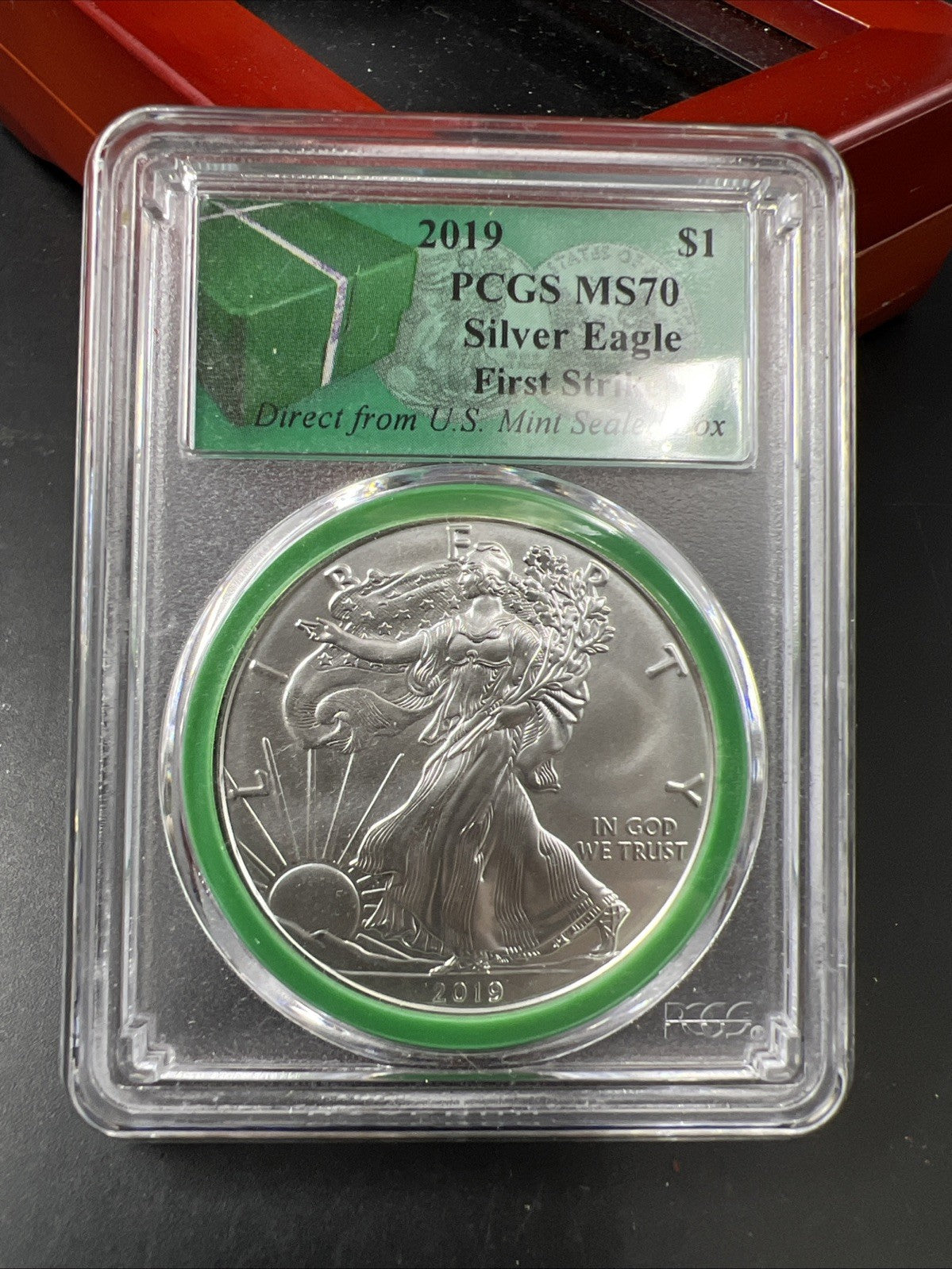 2019 1 oz ASE American Silver Eagle Coin MS70 PCGS Green Monster Box Holder