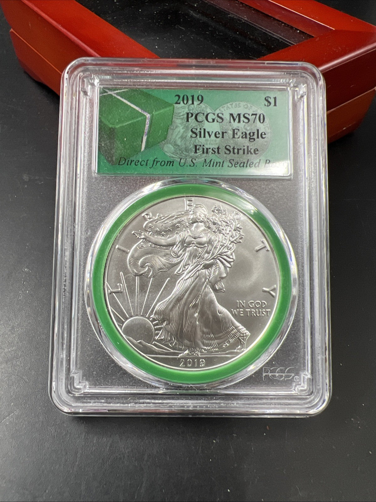 2019 1 oz ASE American Silver Eagle Coin MS70 PCGS Green Monster Box Holder