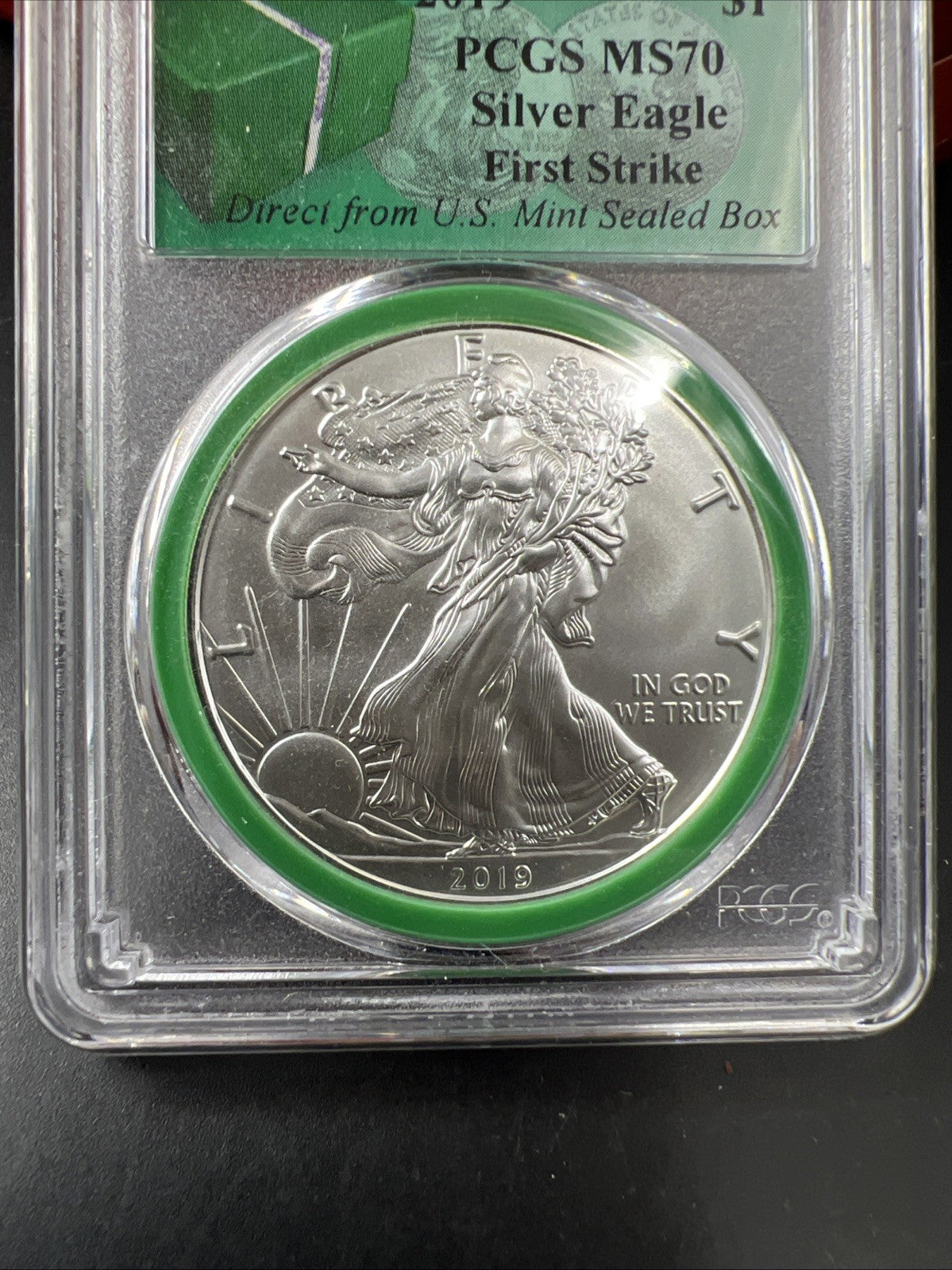 2019 1 oz ASE American Silver Eagle Coin MS70 PCGS Green Monster Box Holder