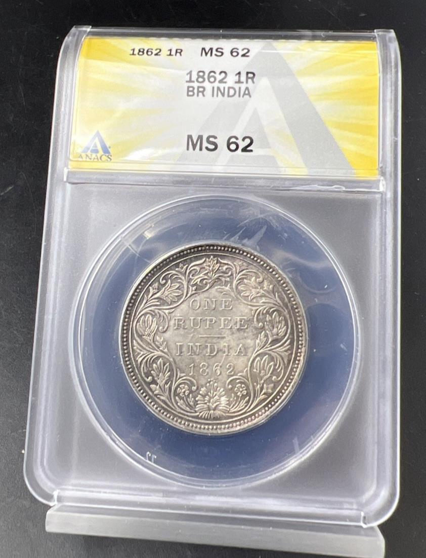 1862 India One Rupee 1R Silver Coin BU UNC ANACS MS62 0/3 Dot Variety