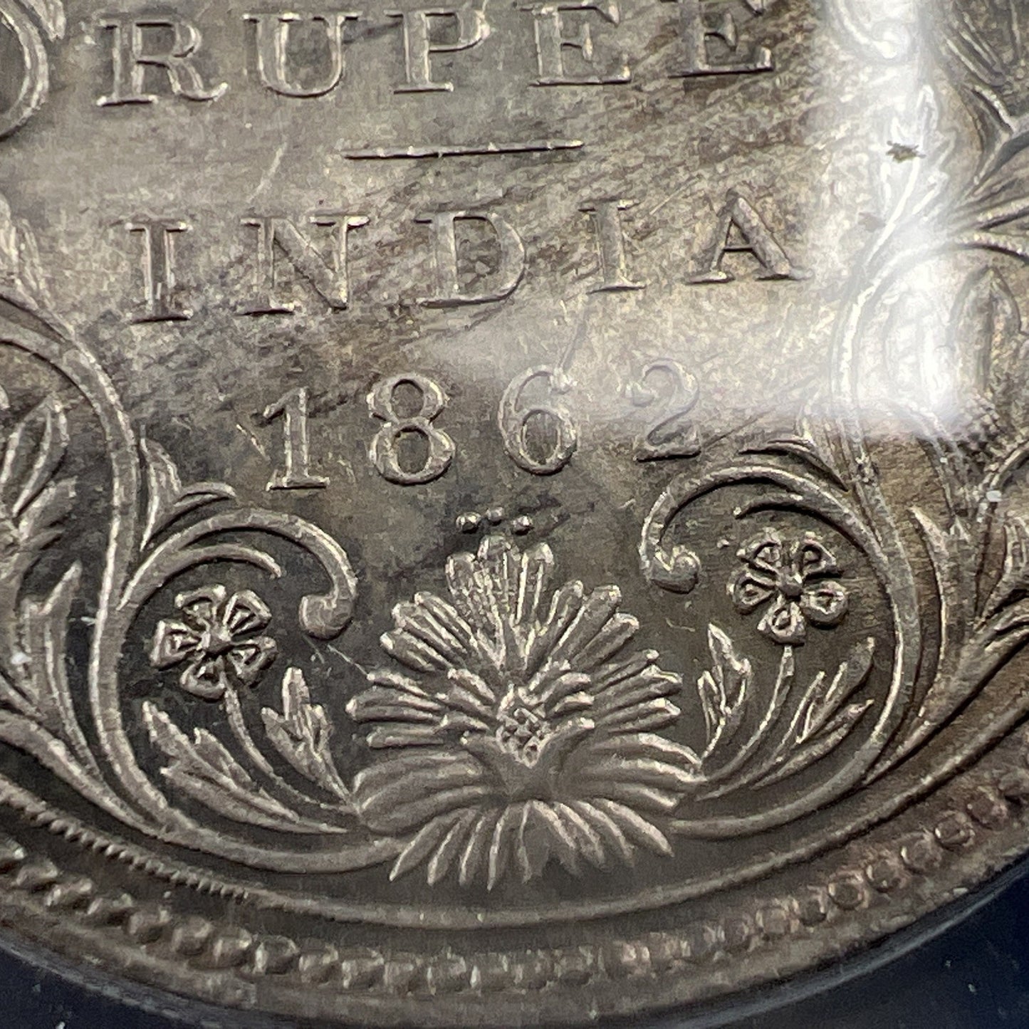 1862 India One Rupee 1R Silver Coin BU UNC ANACS MS62 0/3 Dot Variety