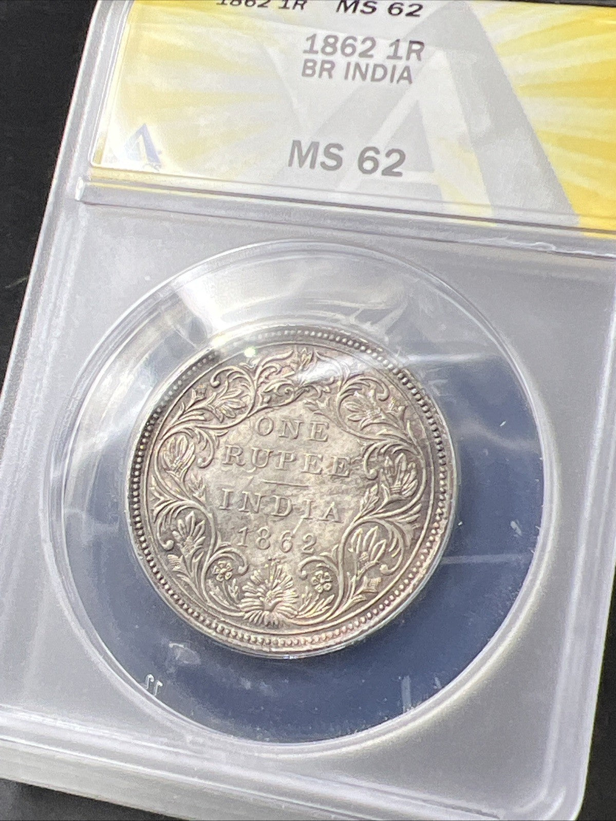 1862 India One Rupee 1R Silver Coin BU UNC ANACS MS62 0/3 Dot Variety