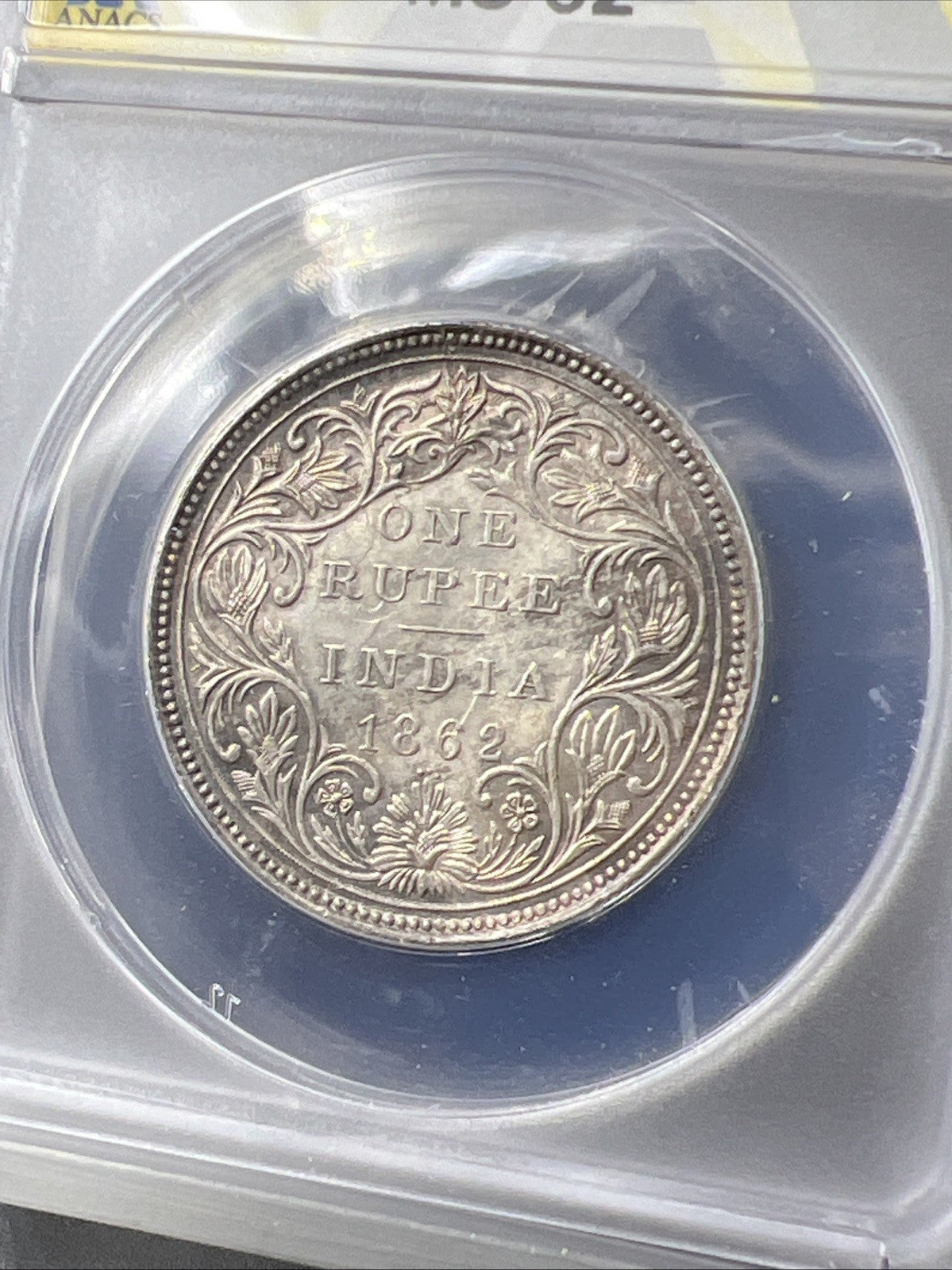 1862 India One Rupee 1R Silver Coin BU UNC ANACS MS62 0/3 Dot Variety