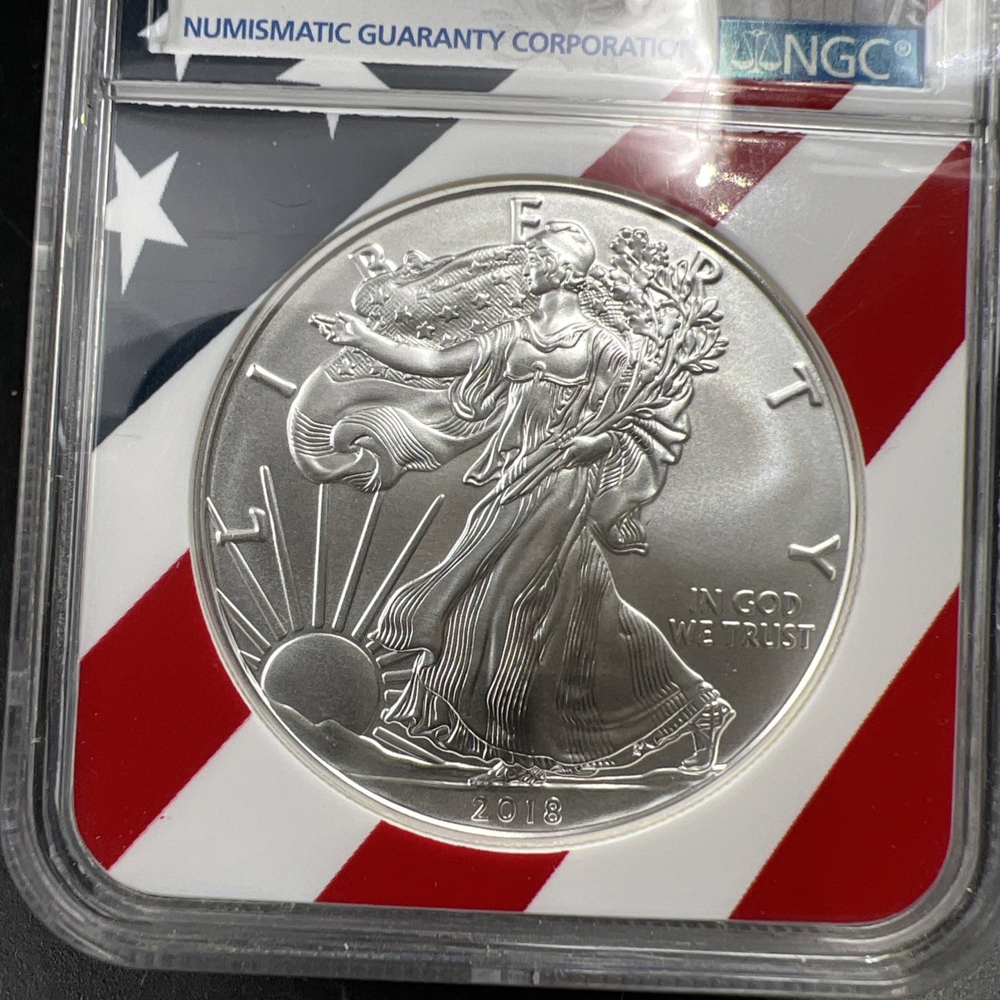 2018 ASE American Silver Eagle Coin NGC MS70 USA Flag Label #466
