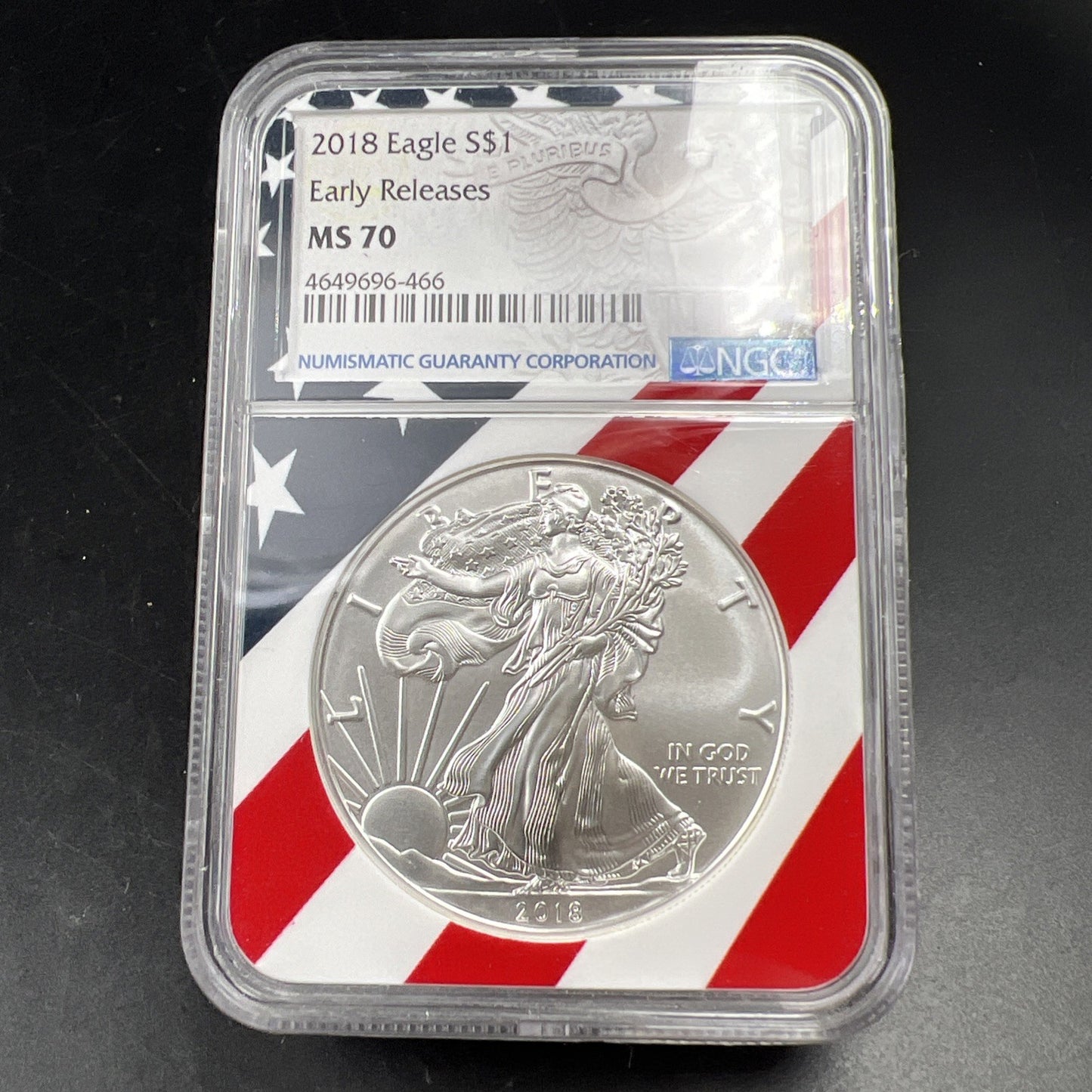 2018 ASE American Silver Eagle Coin NGC MS70 USA Flag Label #466