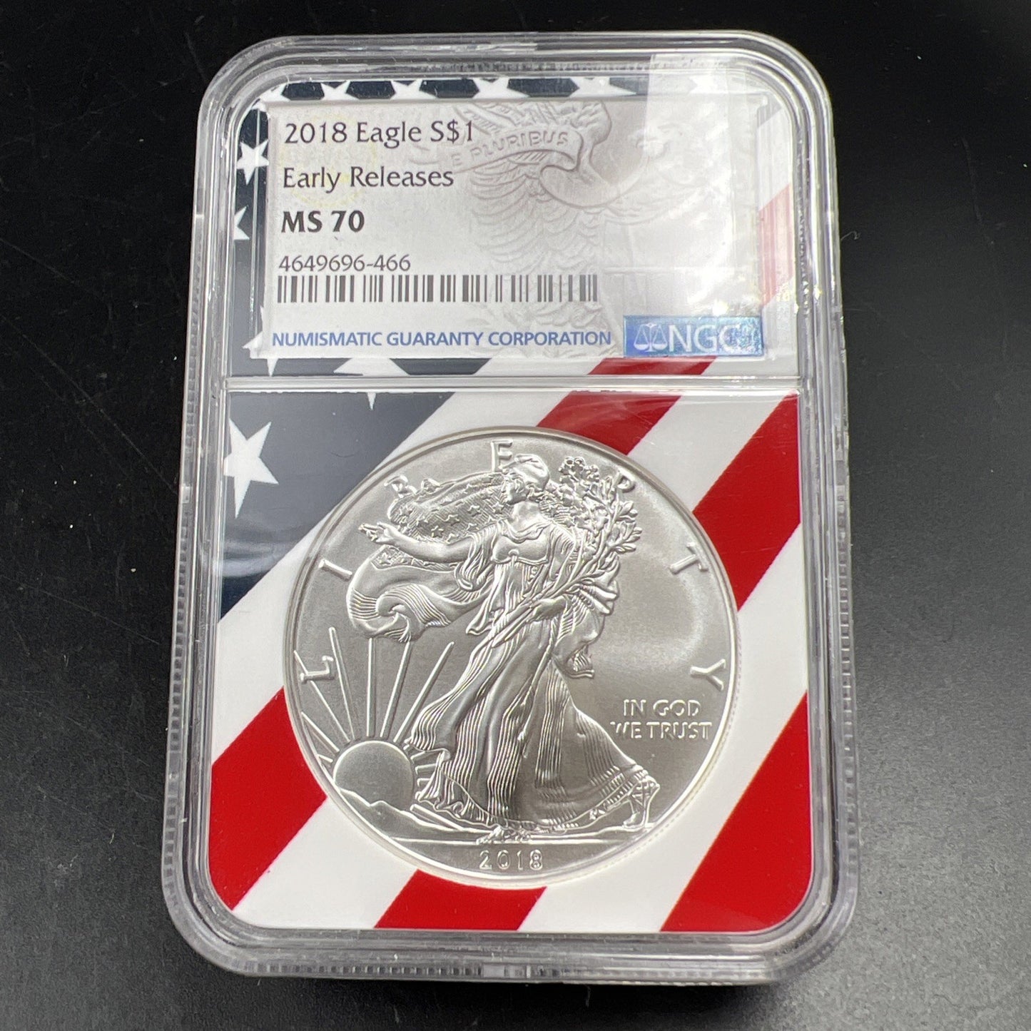 2018 ASE American Silver Eagle Coin NGC MS70 USA Flag Label #466