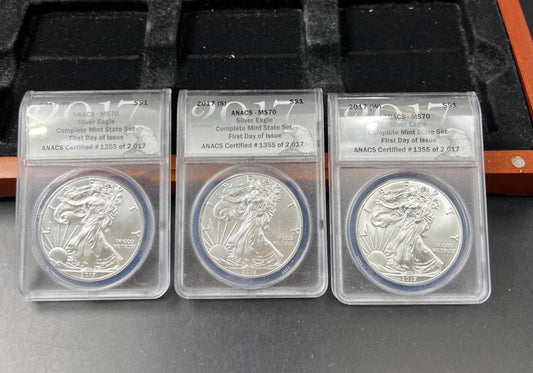 3 Coin 2017 W S P ASE Mint Mark Set 1 oz American Silver Eagle Coins ANACS MS70