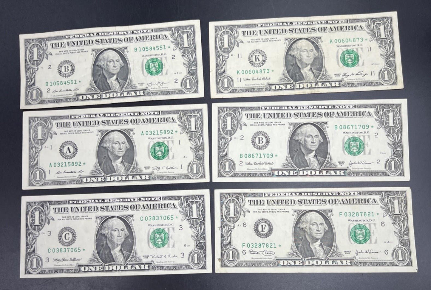 Lot of 6 Different * Star Note Federal Reserve $1 One Bills 1995 - 2013 Circ #65