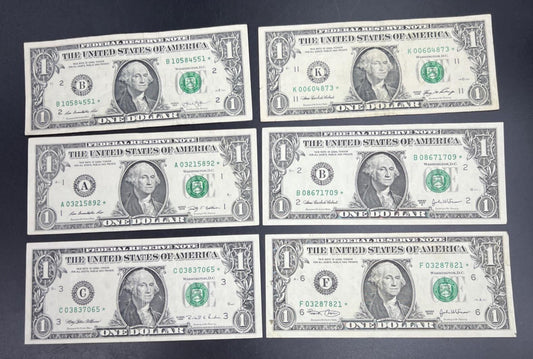 Lot of 6 Different * Star Note Federal Reserve $1 One Bills 1995 - 2013 Circ #65