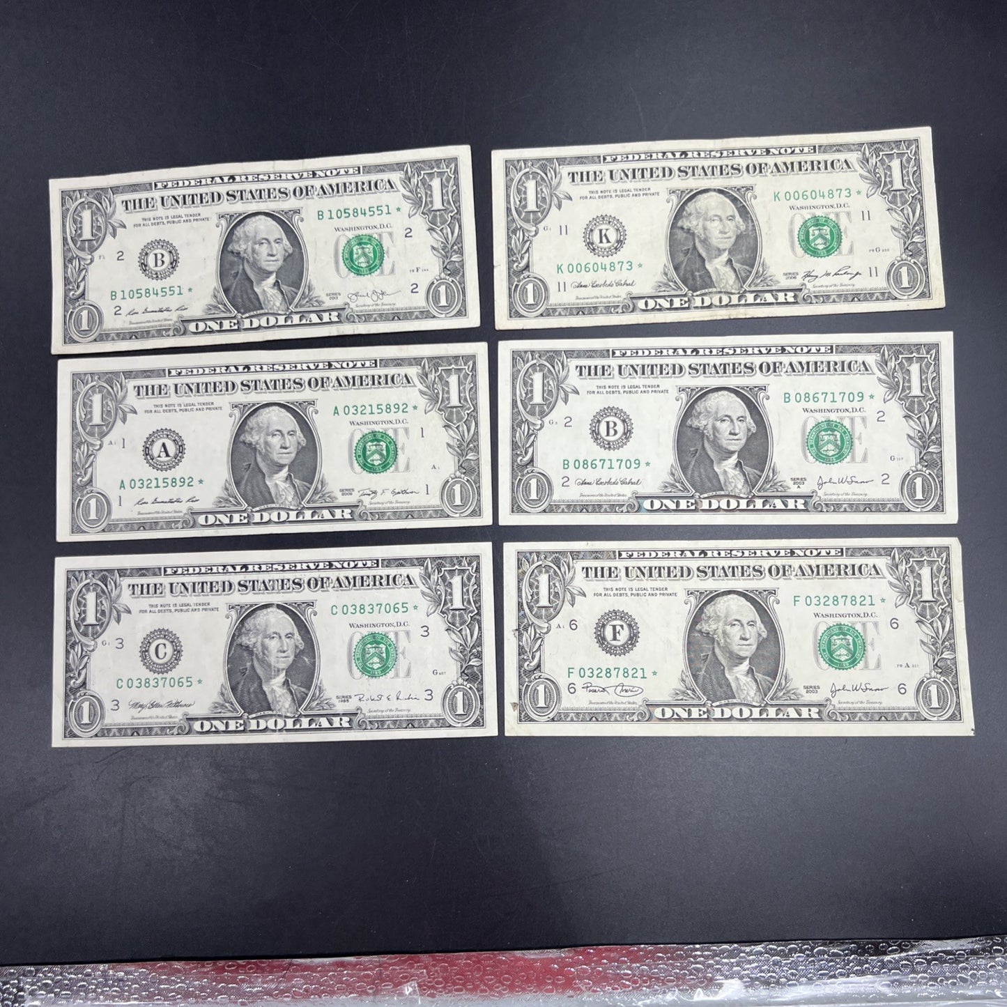 Lot of 6 Different * Star Note Federal Reserve $1 One Bills 1995 - 2013 Circ #65