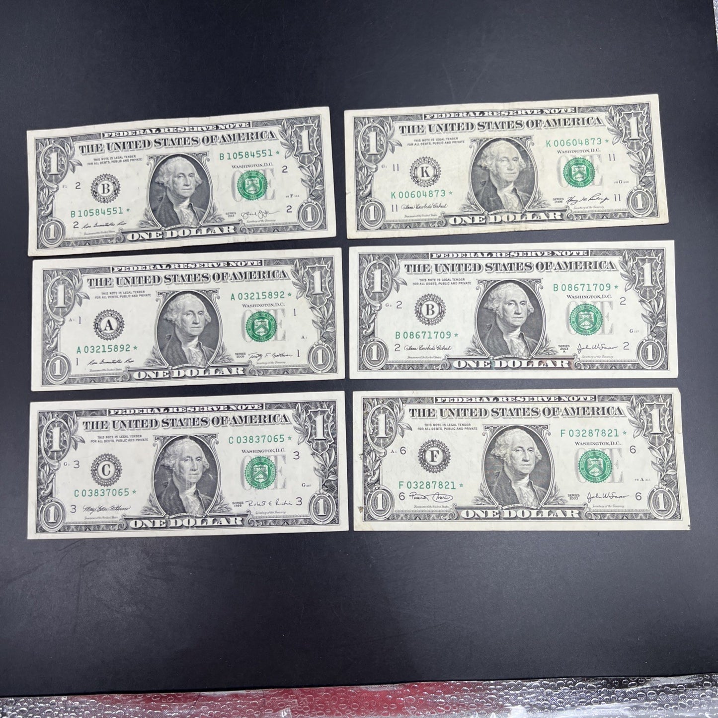 Lot of 6 Different * Star Note Federal Reserve $1 One Bills 1995 - 2013 Circ #65