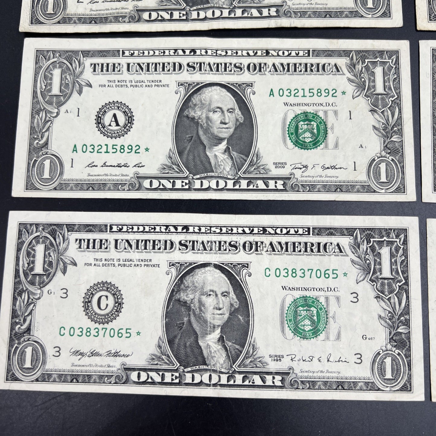 Lot of 6 Different * Star Note Federal Reserve $1 One Bills 1995 - 2013 Circ #65
