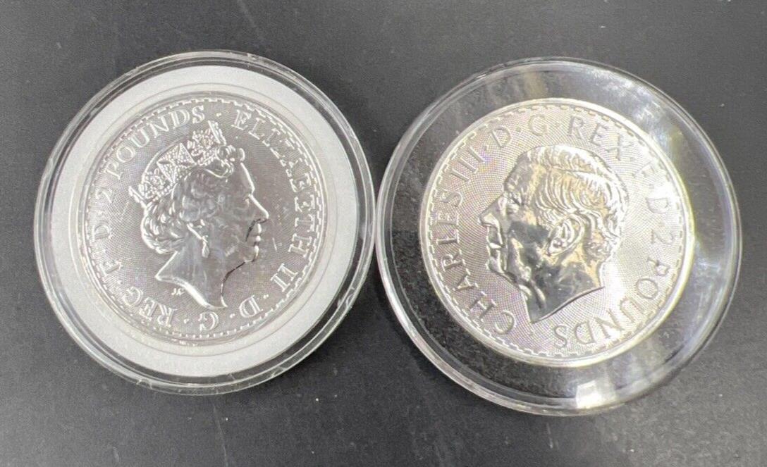 2 Coin Set King Charles Queen Elizabeth 2023 1 Oz Silver Britannia Coins CH UNC