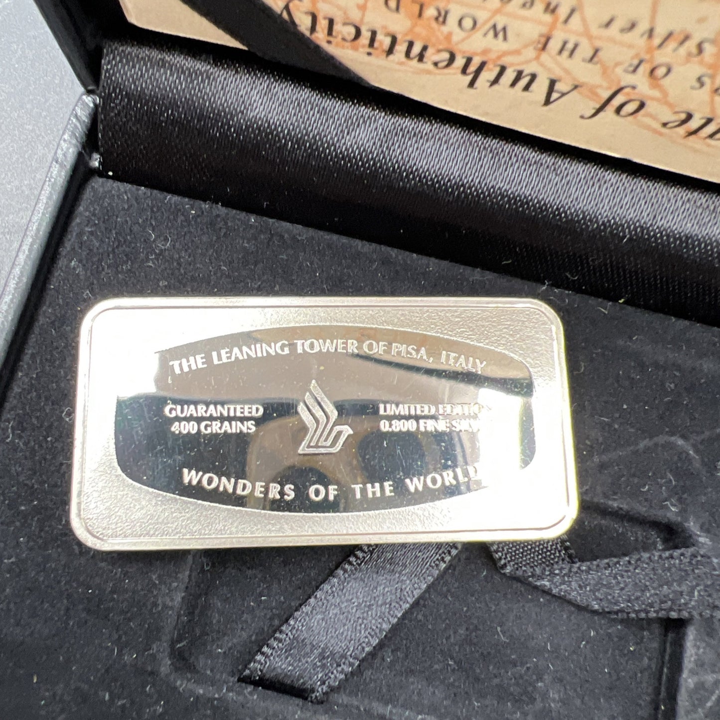 400 Grains Leaning Tower Pisa .999 Fine Silver Bar UNC Singapore Airlines