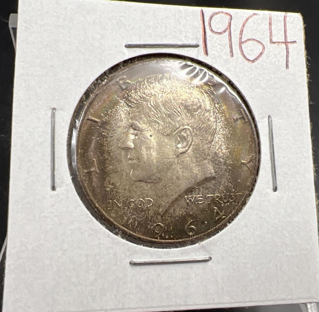 1964 P 50c Kennedy Silver Half Dollar Coin End of Roll Toner UNC