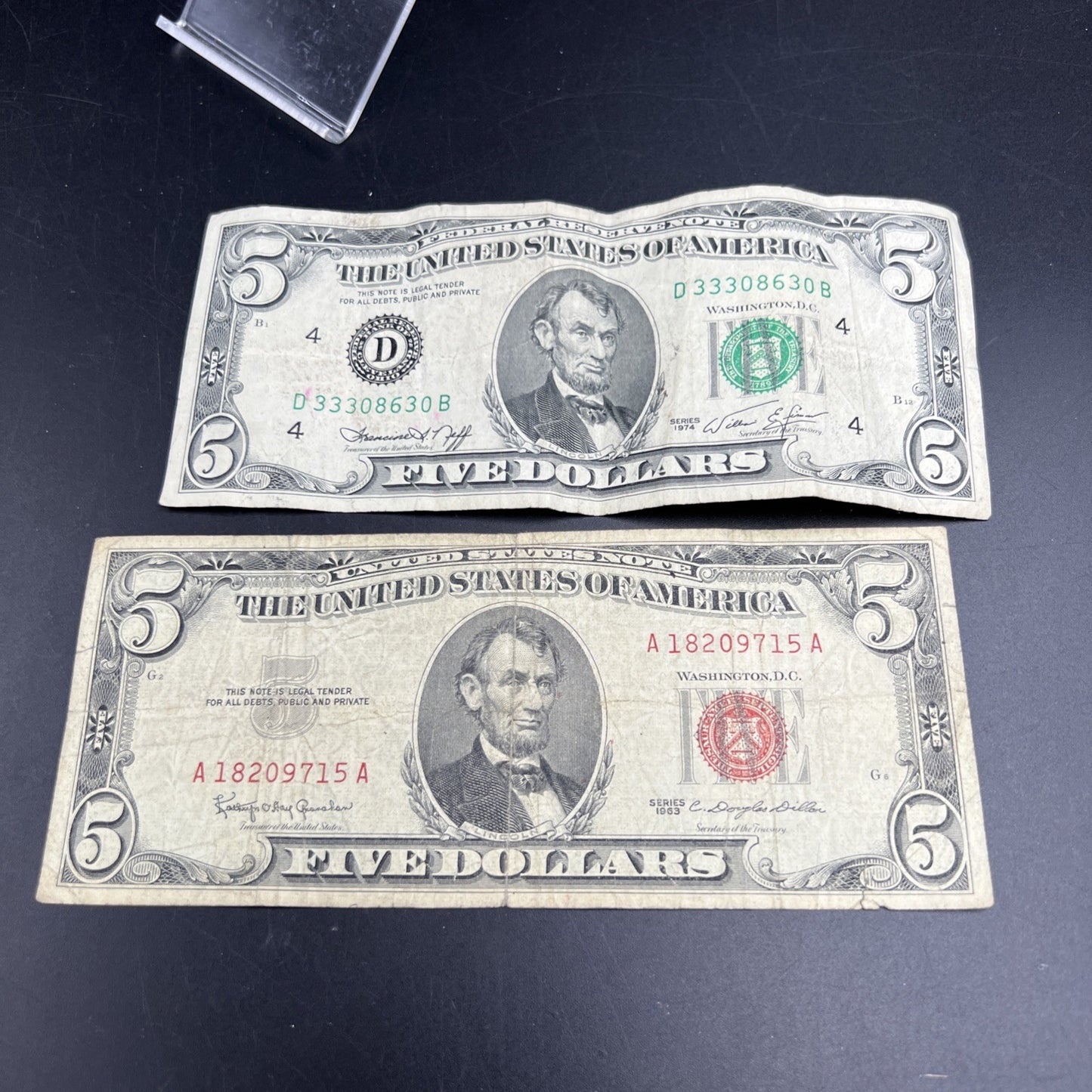 $5 Bill collector's set 1963 USN United States Note & 1974 FRN Circulated #715