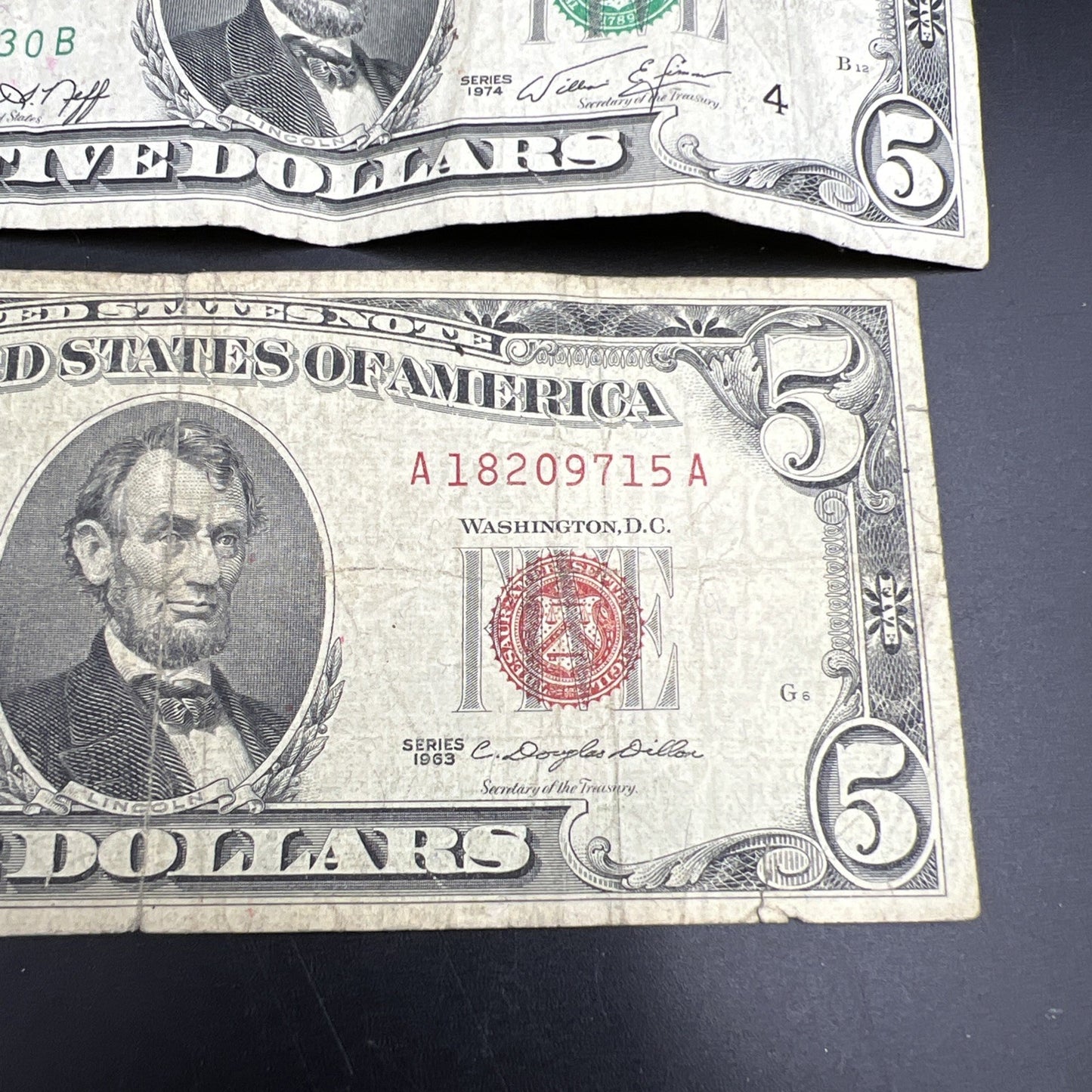 $5 Bill collector's set 1963 USN United States Note & 1974 FRN Circulated #715