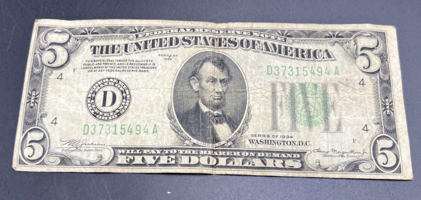 Mule Note 1934 $5 FRN Federal Reserve Note Very Circulated Ohio District #494