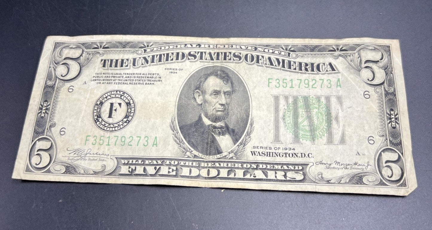Mule Note 1934 $5 FRN Federal Reserve Note Very Circulated Atlanta District #273