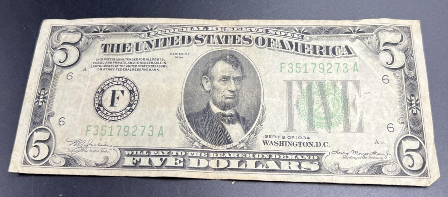 Mule Note 1934 $5 FRN Federal Reserve Note Very Circulated Atlanta District #273