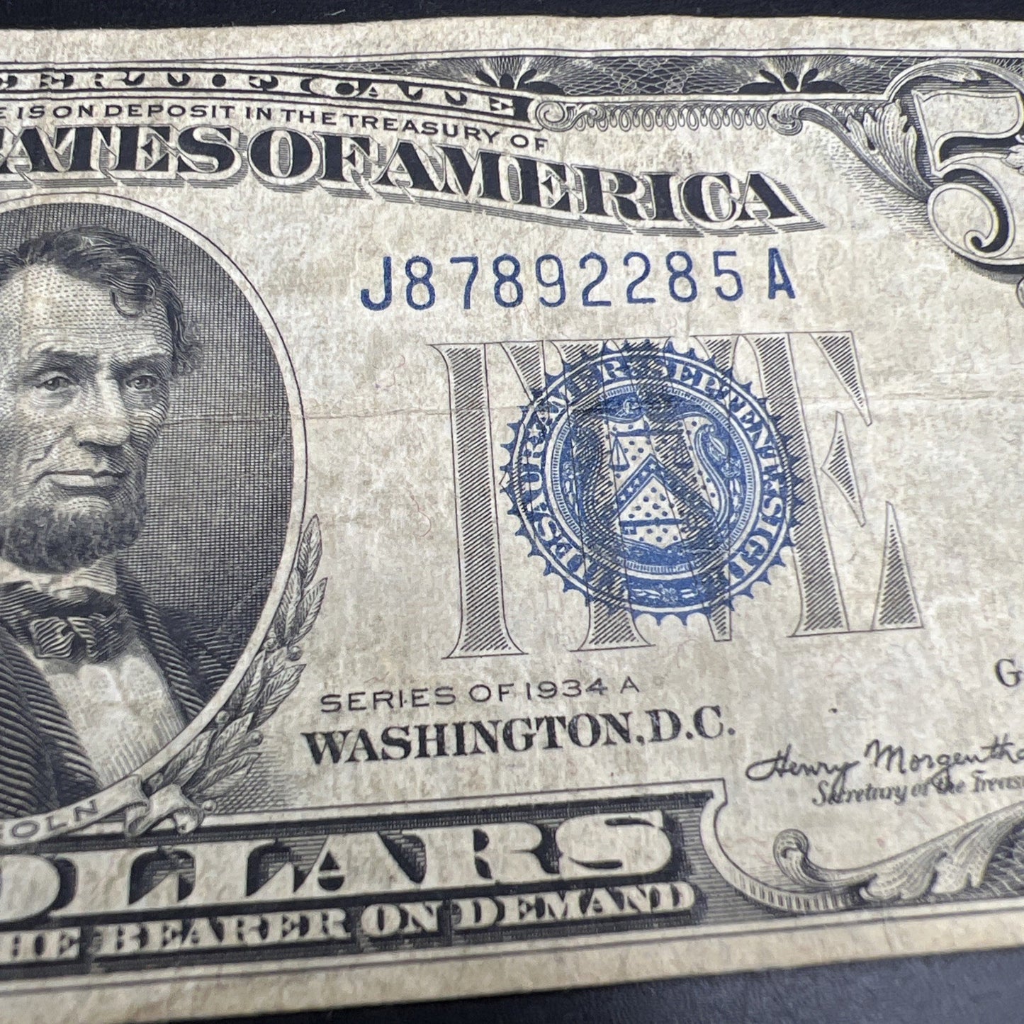1934 A $5 Silver Certificate Blue Seal US Currency Bill Circ VG Very Good #285