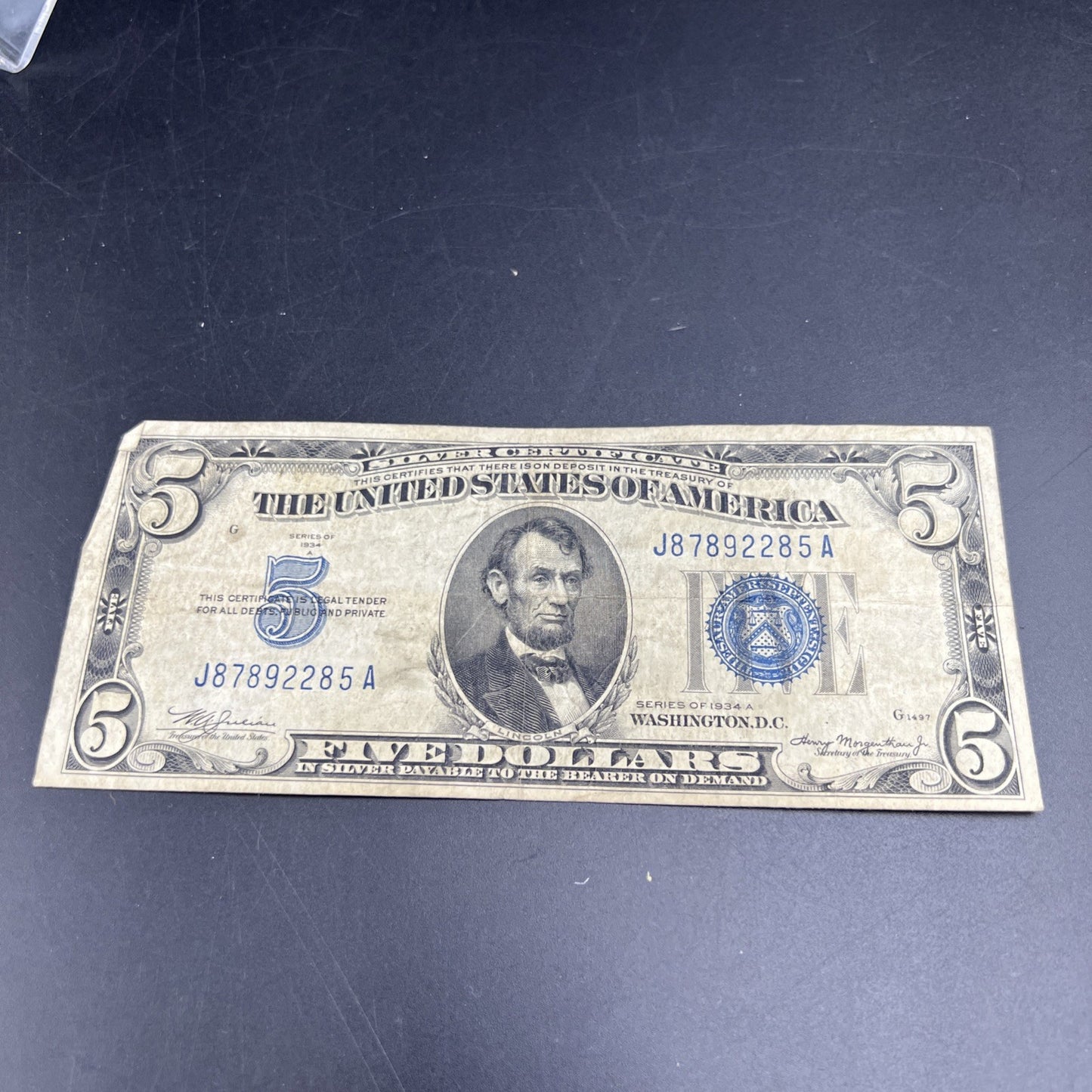 1934 A $5 Silver Certificate Blue Seal US Currency Bill Circ VG Very Good #285