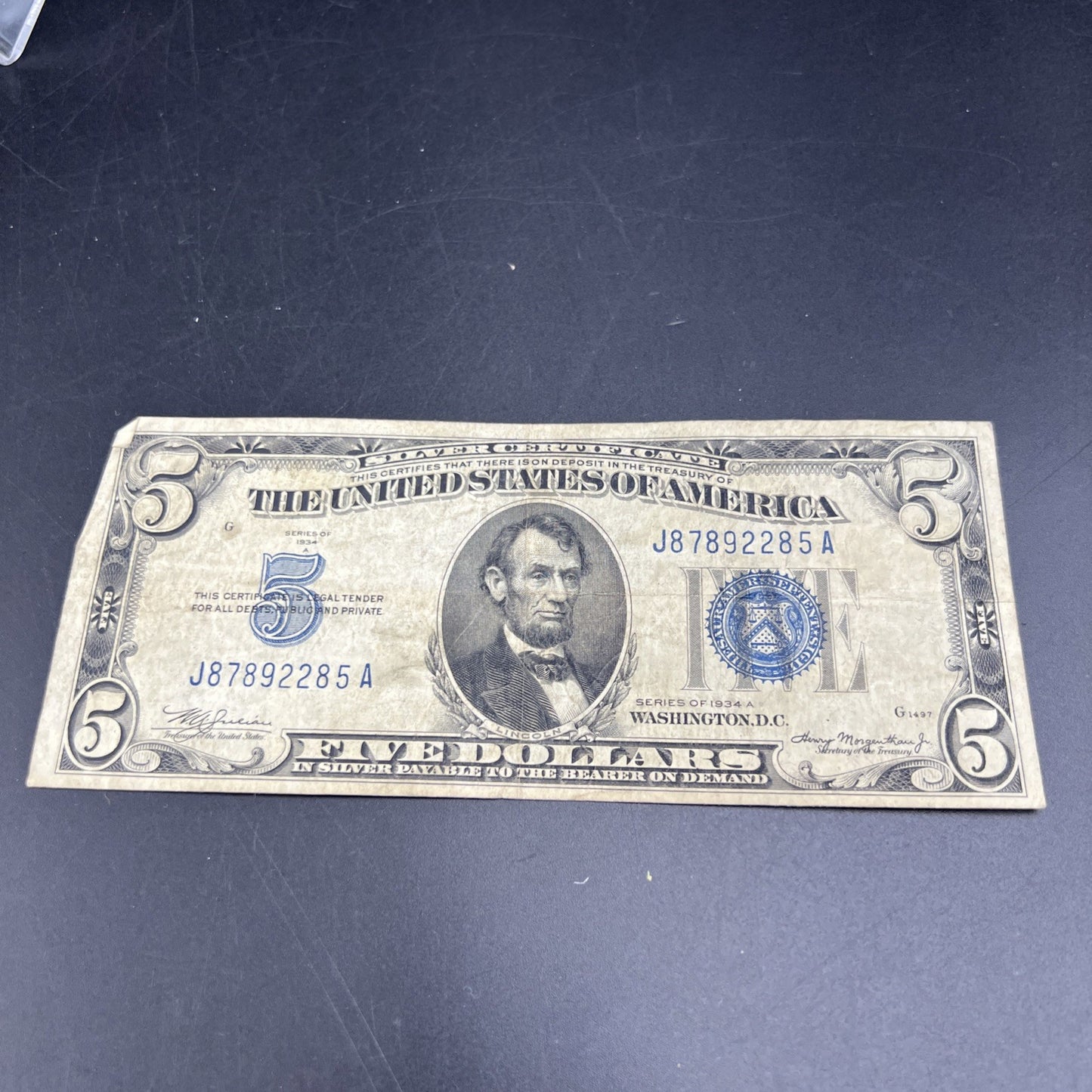 1934 A $5 Silver Certificate Blue Seal US Currency Bill Circ VG Very Good #285