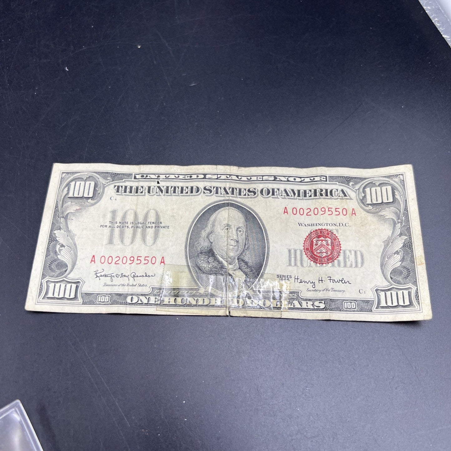SC 1966 $100 Legal Tender Red Seal Ugly Damaged Taped Torn Stained Low Serial #