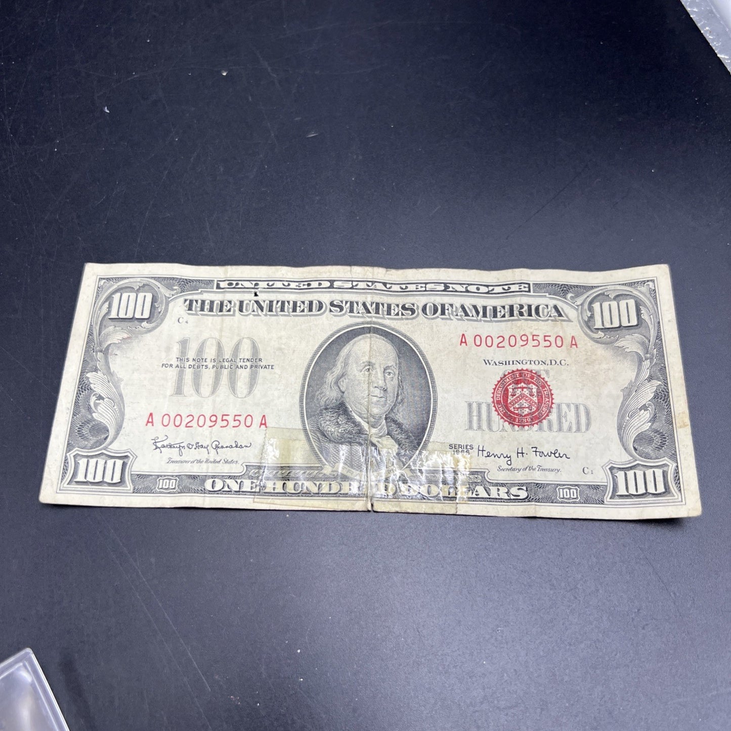 SC 1966 $100 Legal Tender Red Seal Ugly Damaged Taped Torn Stained Low Serial #