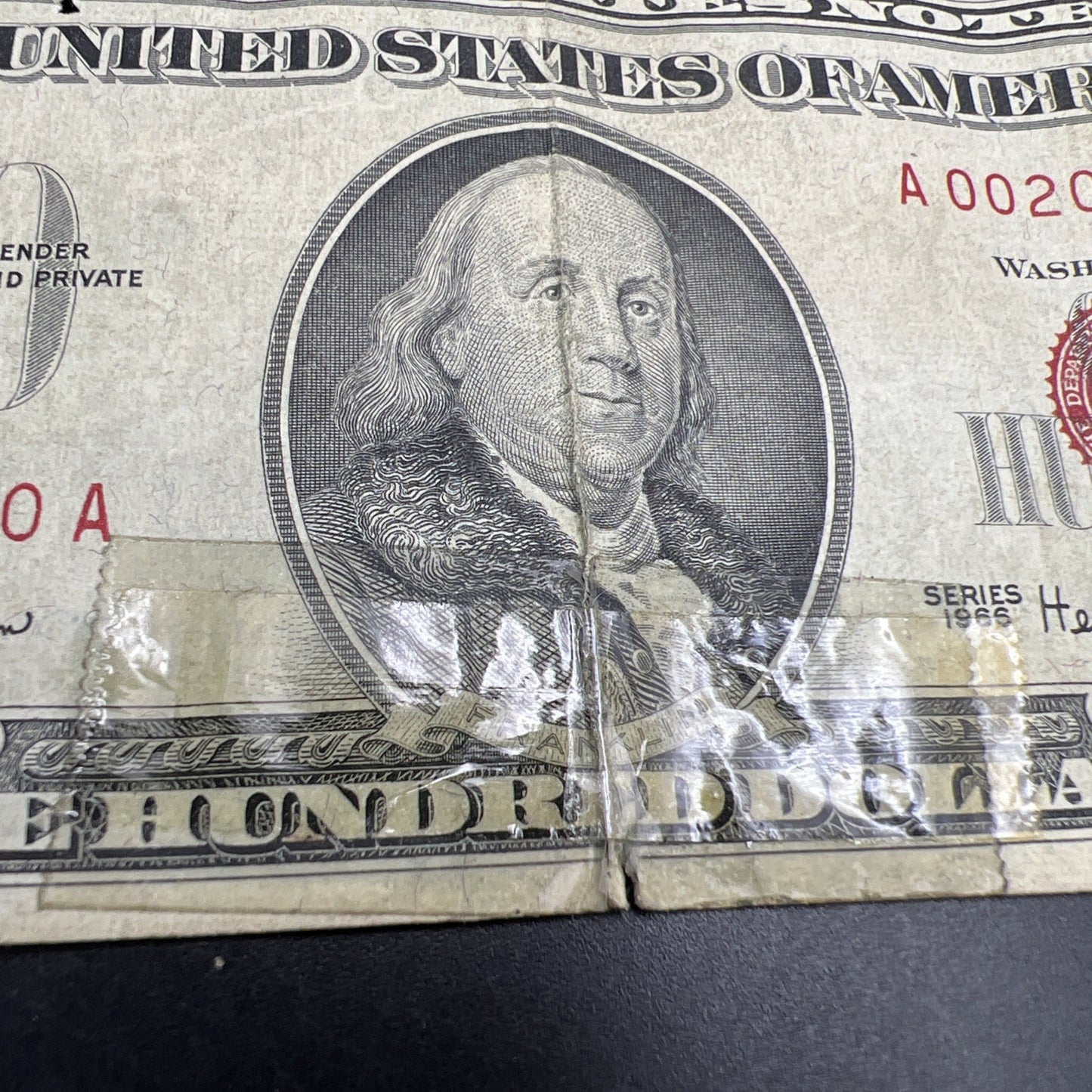SC 1966 $100 Legal Tender Red Seal Ugly Damaged Taped Torn Stained Low Serial #