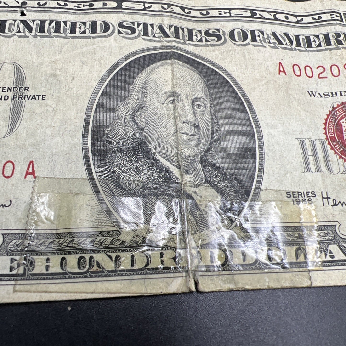 SC 1966 $100 Legal Tender Red Seal Ugly Damaged Taped Torn Stained Low Serial #