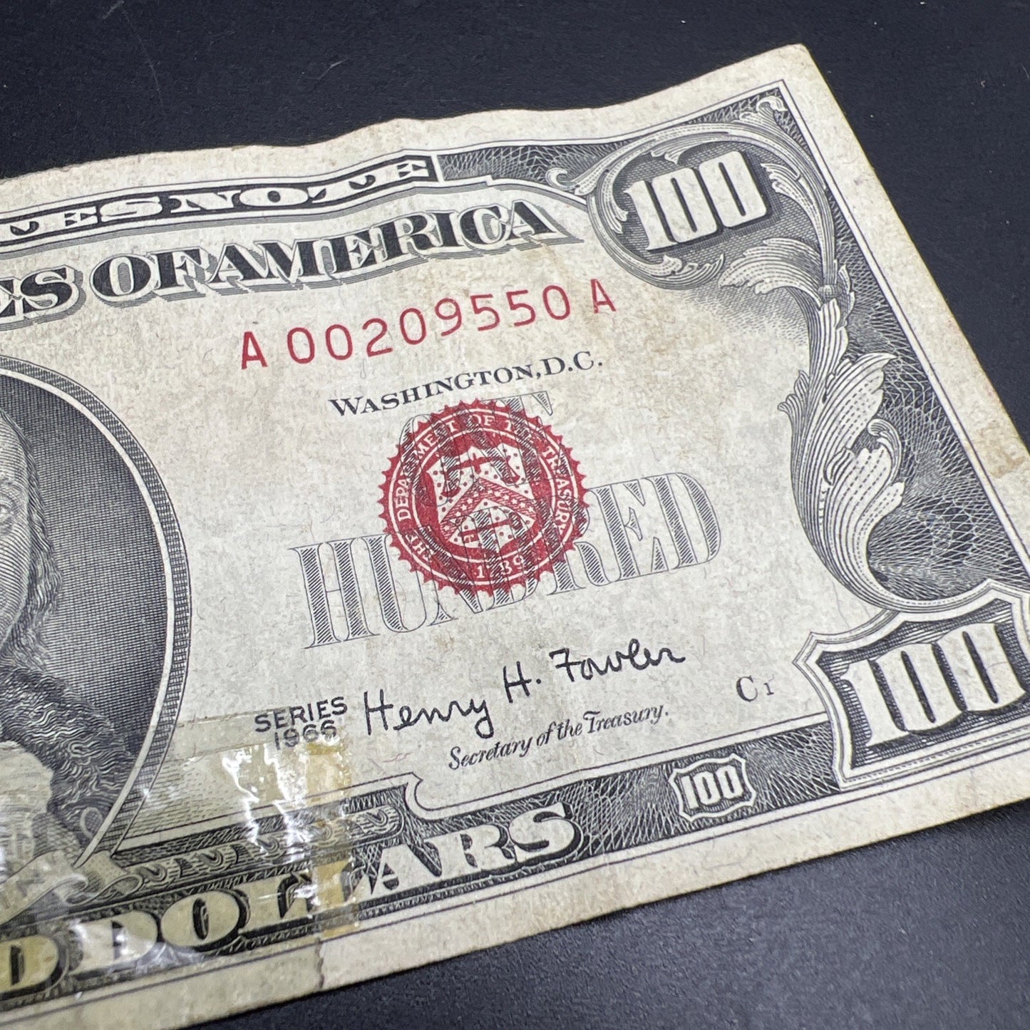 SC 1966 $100 Legal Tender Red Seal Ugly Damaged Taped Torn Stained Low Serial #