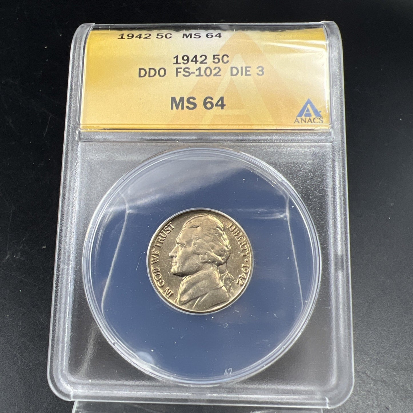 1942 5c Jefferson 5c Nickel Coin DDO Double Die Obverse FS-102 ANACS MS64