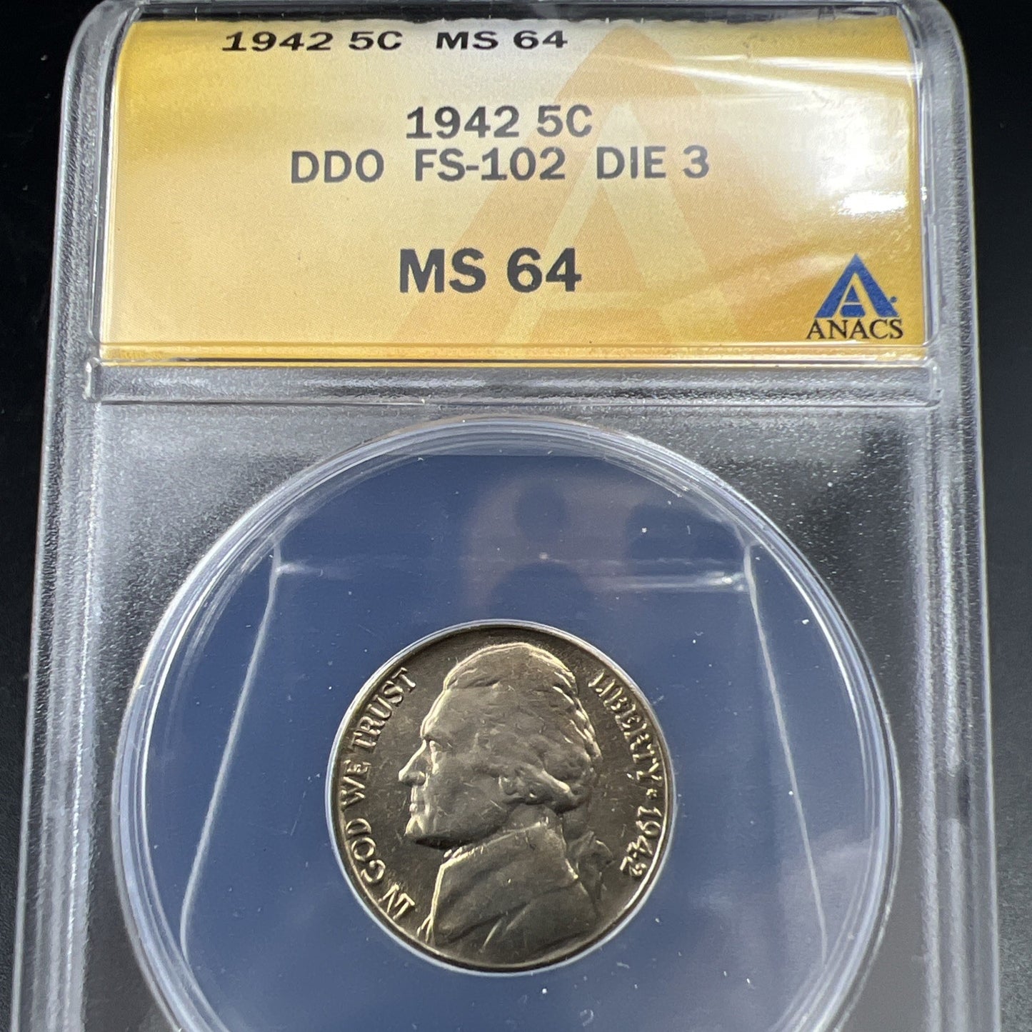 1942 5c Jefferson 5c Nickel Coin DDO Double Die Obverse FS-102 ANACS MS64