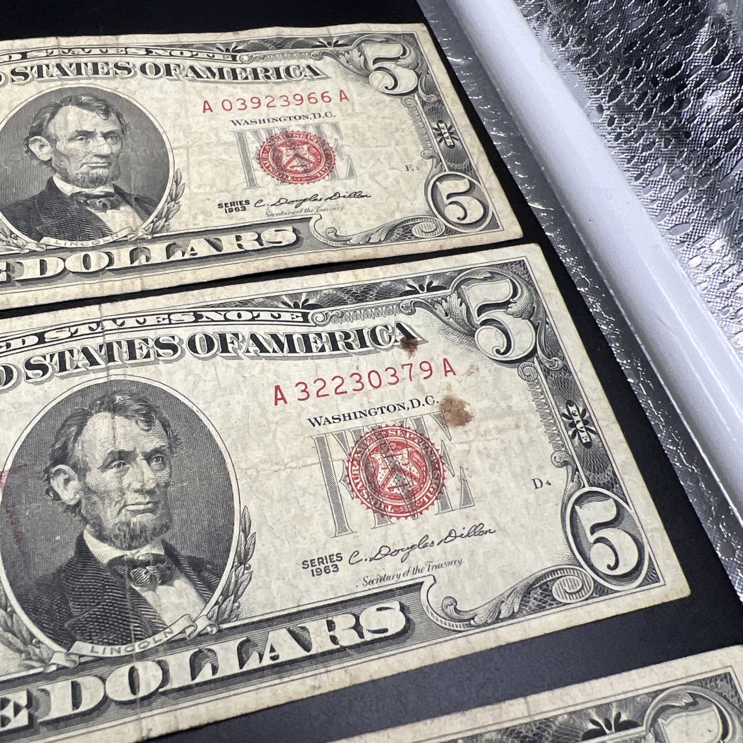 Lot of 7 1963 $5 Legal Tender United States Notes Red Seals Very circulated #116
