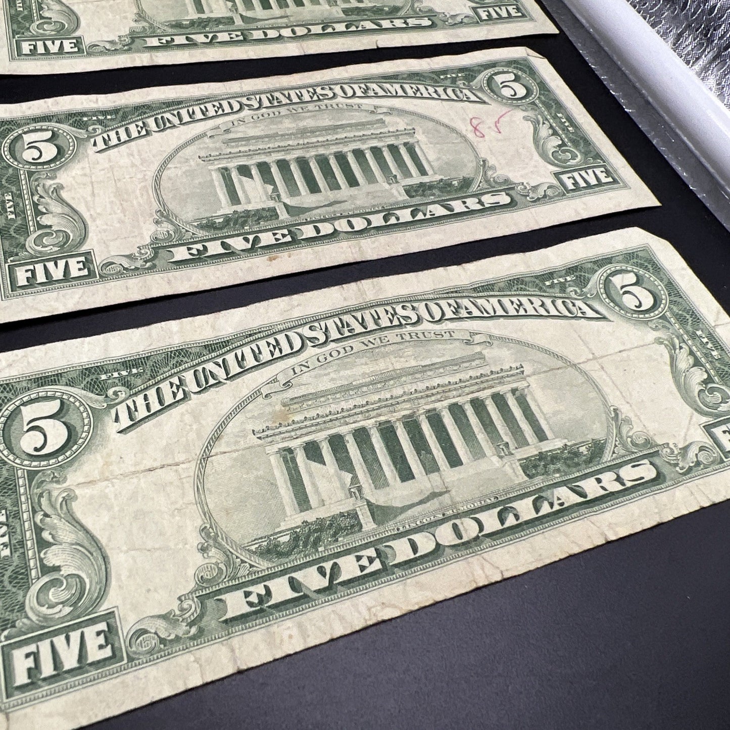 Lot of 7 1963 $5 Legal Tender United States Notes Red Seals Very circulated #116