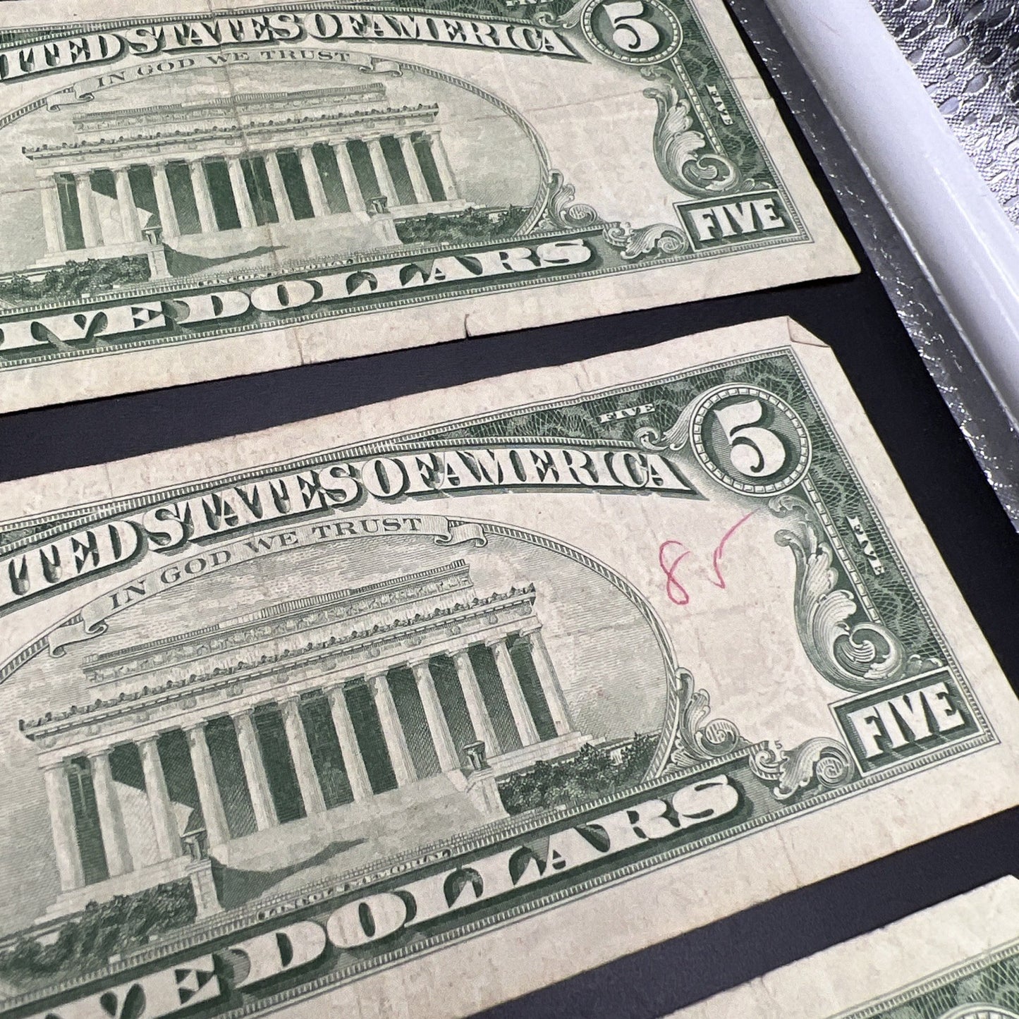Lot of 7 1963 $5 Legal Tender United States Notes Red Seals Very circulated #116