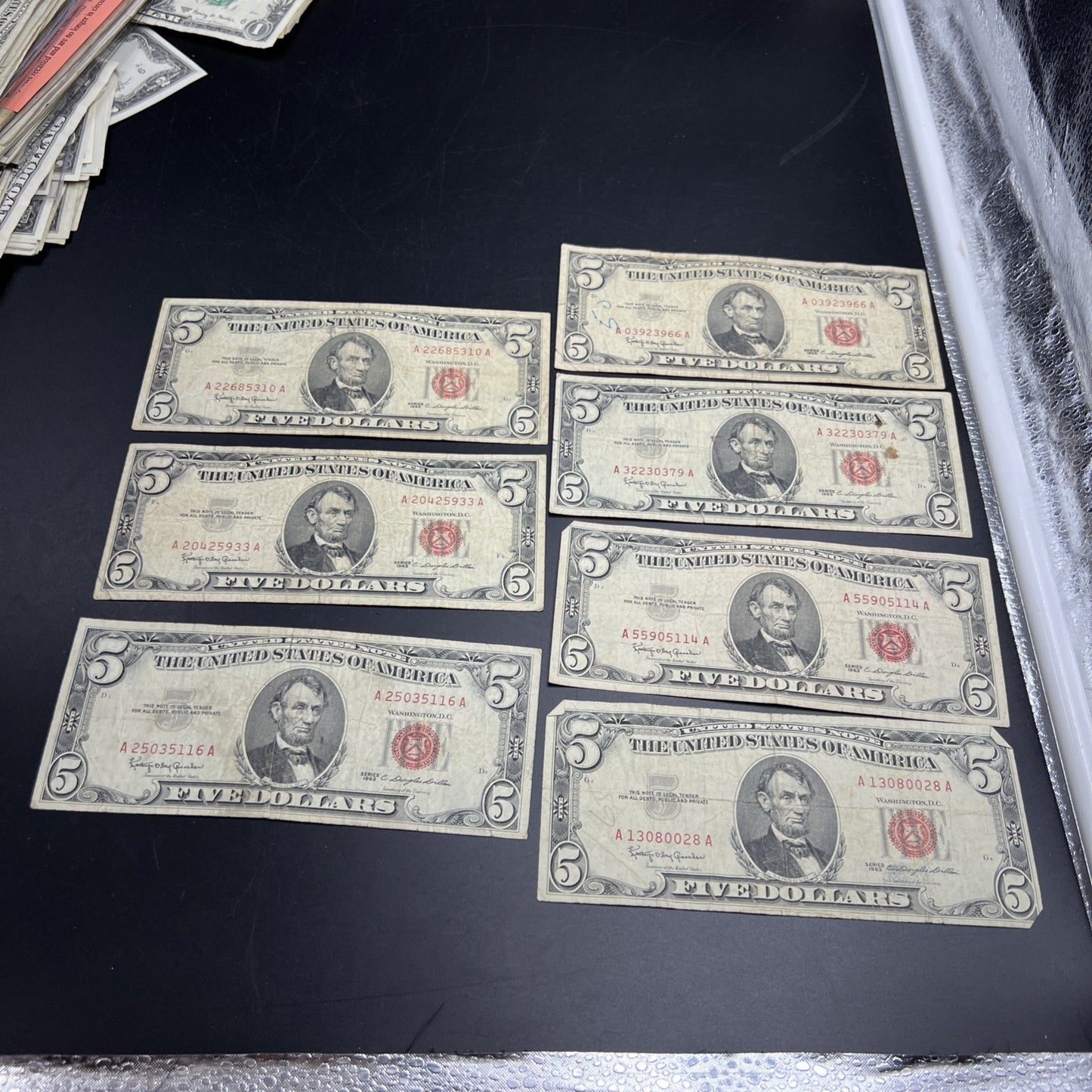 Lot of 7 1963 $5 Legal Tender United States Notes Red Seals Very circulated #116
