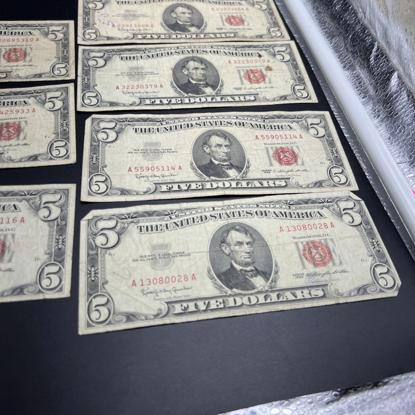 Lot of 7 1963 $5 Legal Tender United States Notes Red Seals Very circulated #116