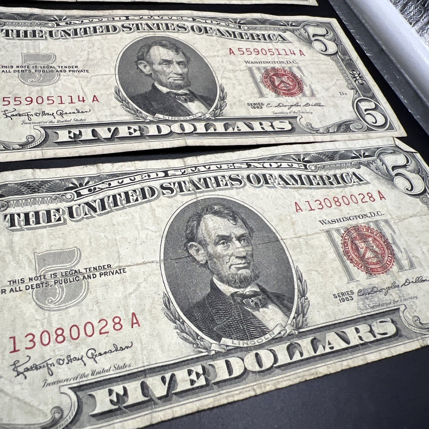 Lot of 7 1963 $5 Legal Tender United States Notes Red Seals Very circulated #116
