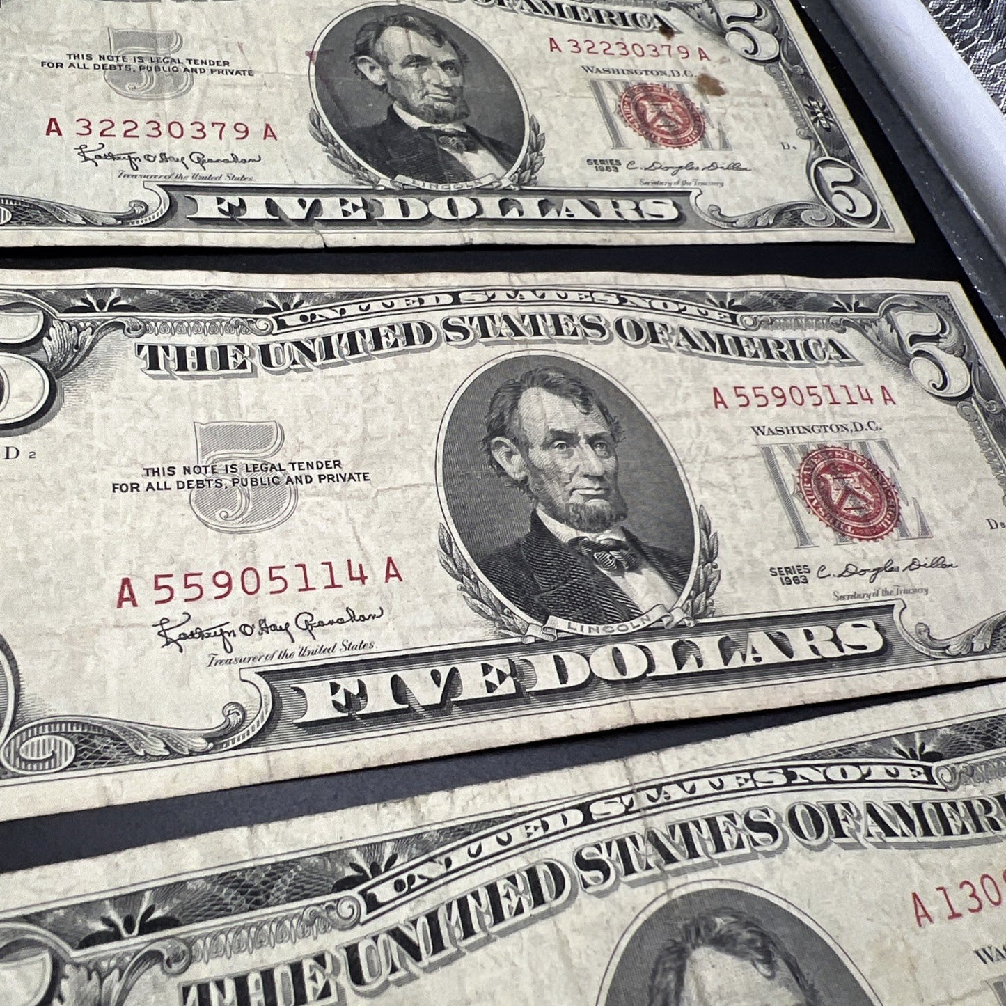 Lot of 7 1963 $5 Legal Tender United States Notes Red Seals Very circulated #116