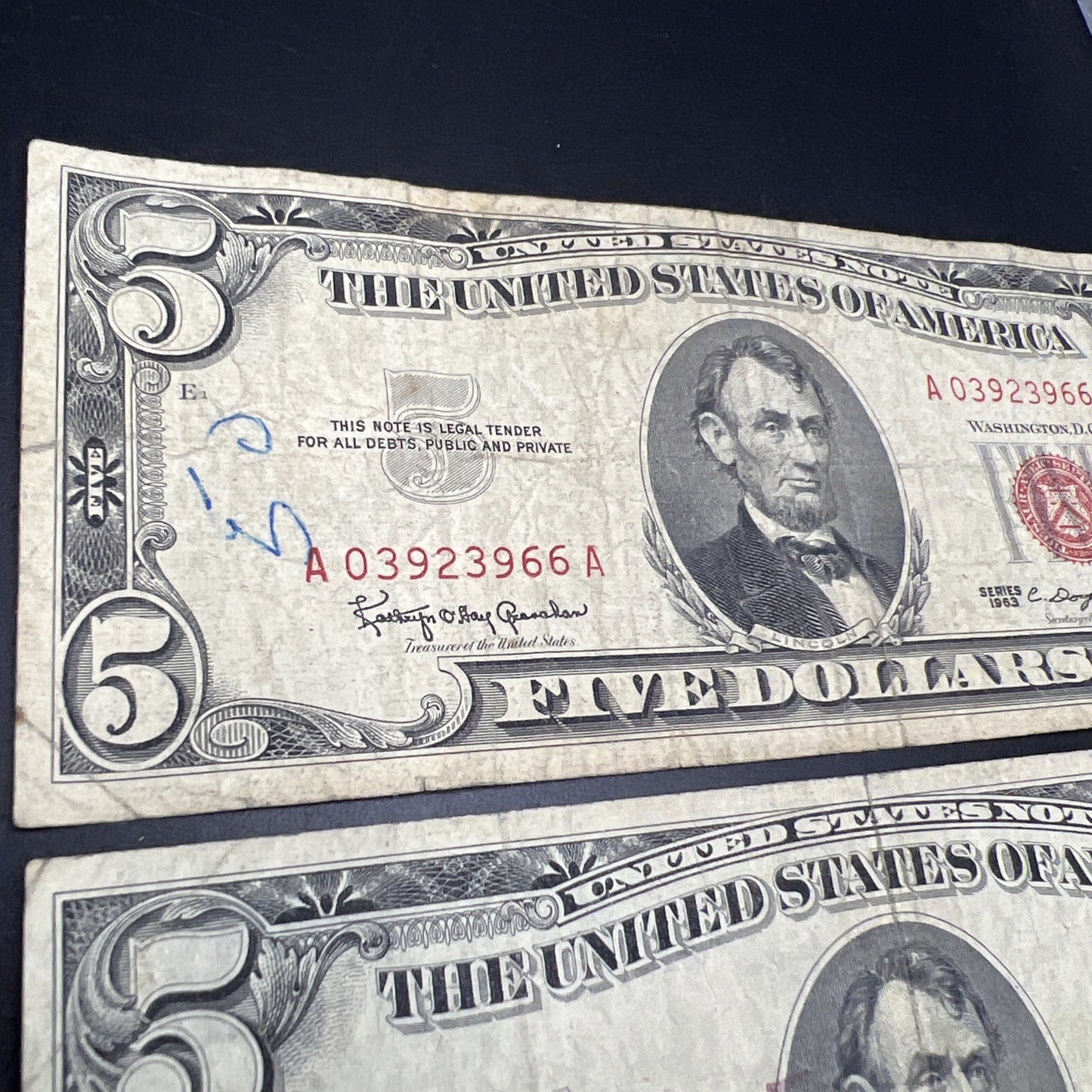 Lot of 7 1963 $5 Legal Tender United States Notes Red Seals Very circulated #116