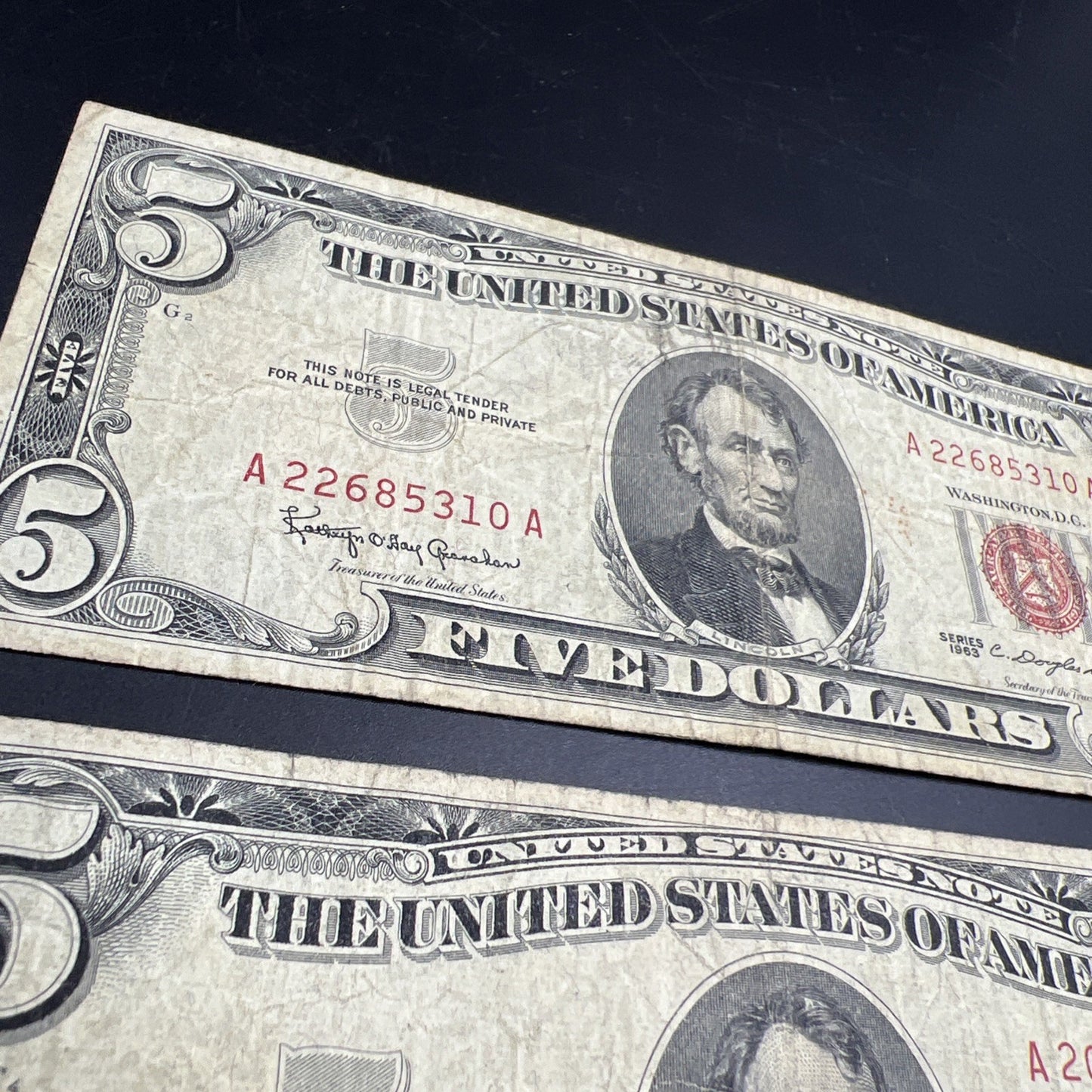 Lot of 7 1963 $5 Legal Tender United States Notes Red Seals Very circulated #116