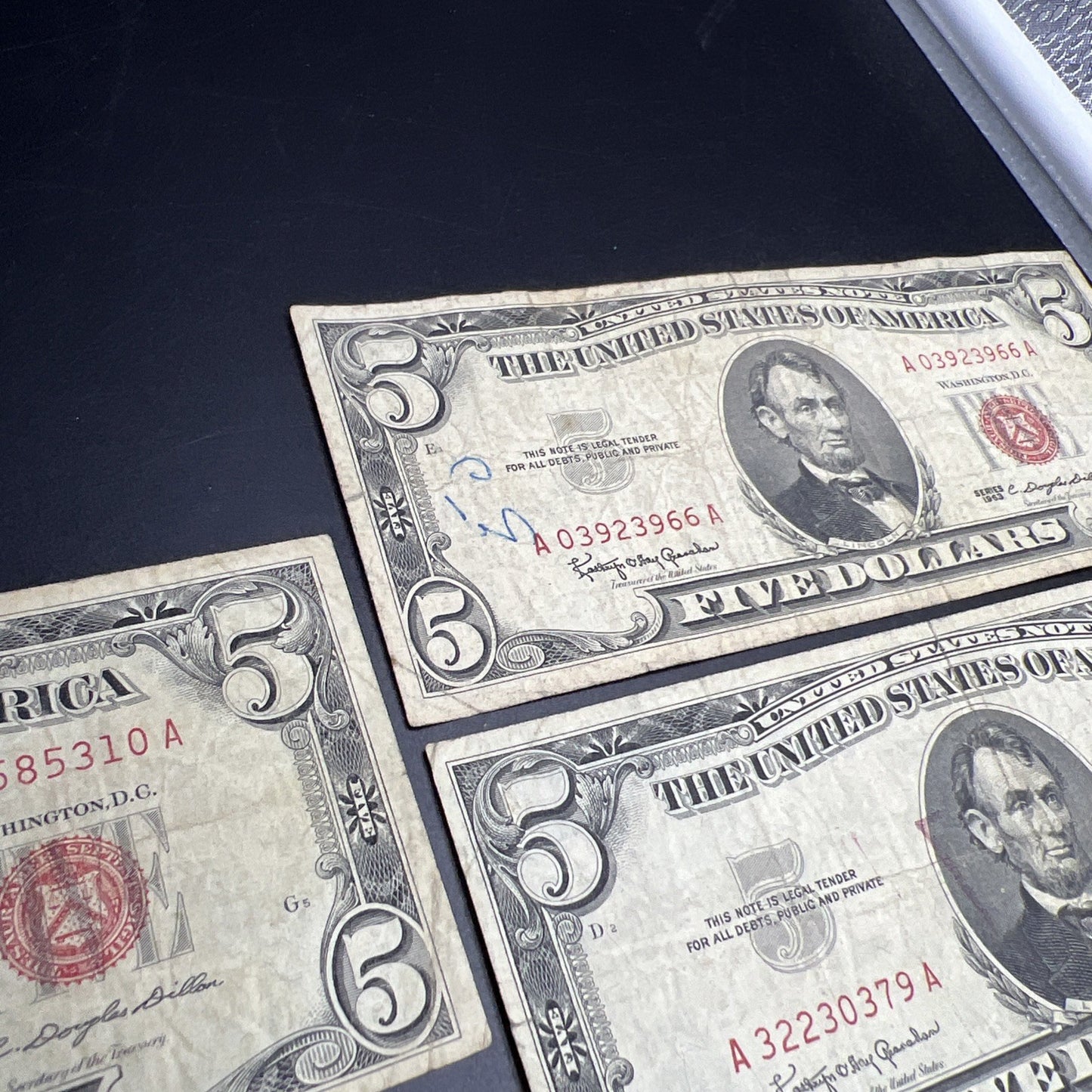 Lot of 7 1963 $5 Legal Tender United States Notes Red Seals Very circulated #116