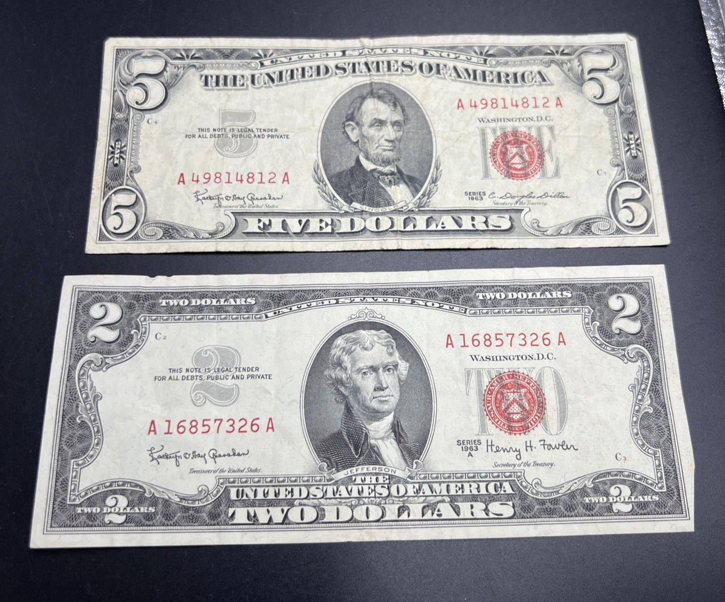 2 Note United States Legal Tender Red Seal Set 1963 $2 & $5 Bills Very Circ #326
