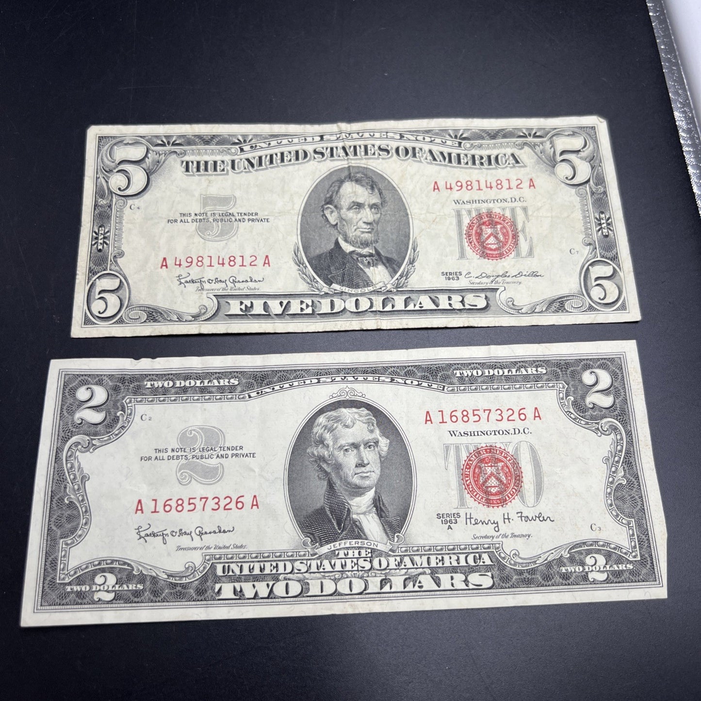 2 Note United States Legal Tender Red Seal Set 1963 $2 & $5 Bills Very Circ #326