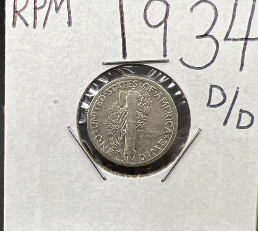 1934 D D/D Mercury Silver Dime Coin RPM Variety FS-501 XF EF Circ
